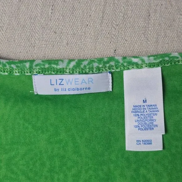 Lizwear Top Pull-On V-Neck Lined Ruffled Hem Short Sleeve Green/White Size M - Picture 7 of 9